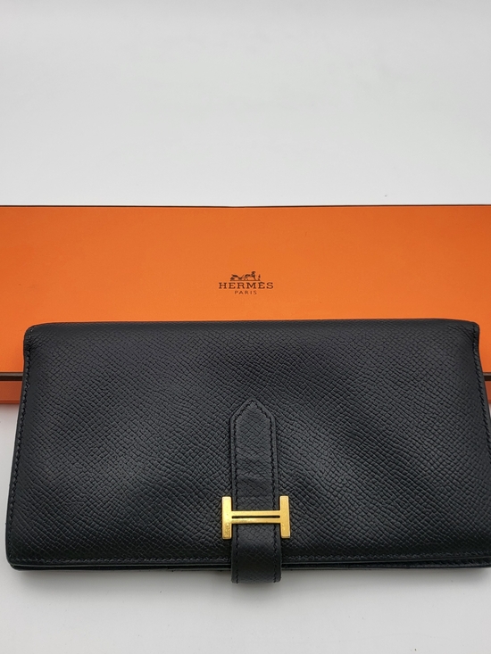 Hermes Handbags - Hermes Bearn Black Epson Calfskin Leather Wallet with Gold Foil Logo,,Authentic.